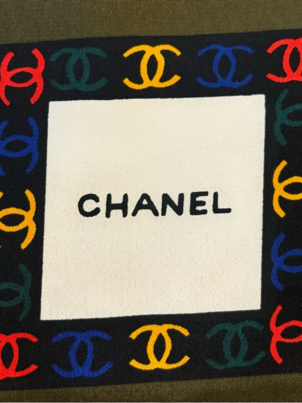CHANEL Olive Green Scarf with Black and White Logo Panel - Picture 8 of 12